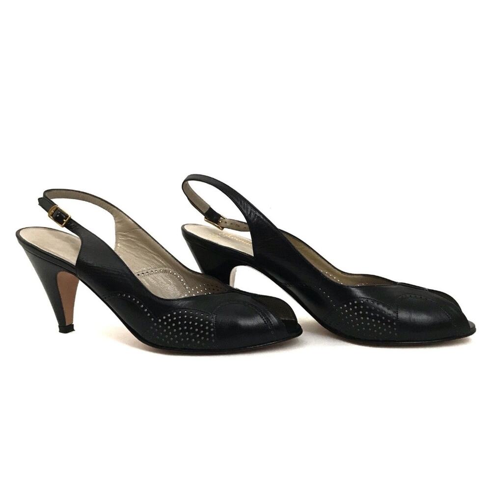 Vintage Salvatore Ferragamo Black Leather Peep Toe Slingback Heels 6AAA Narrow